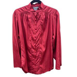 First Glance Vintage Rust Red Pinstriped Button-Up Shirt Mandarin Collar Ruched